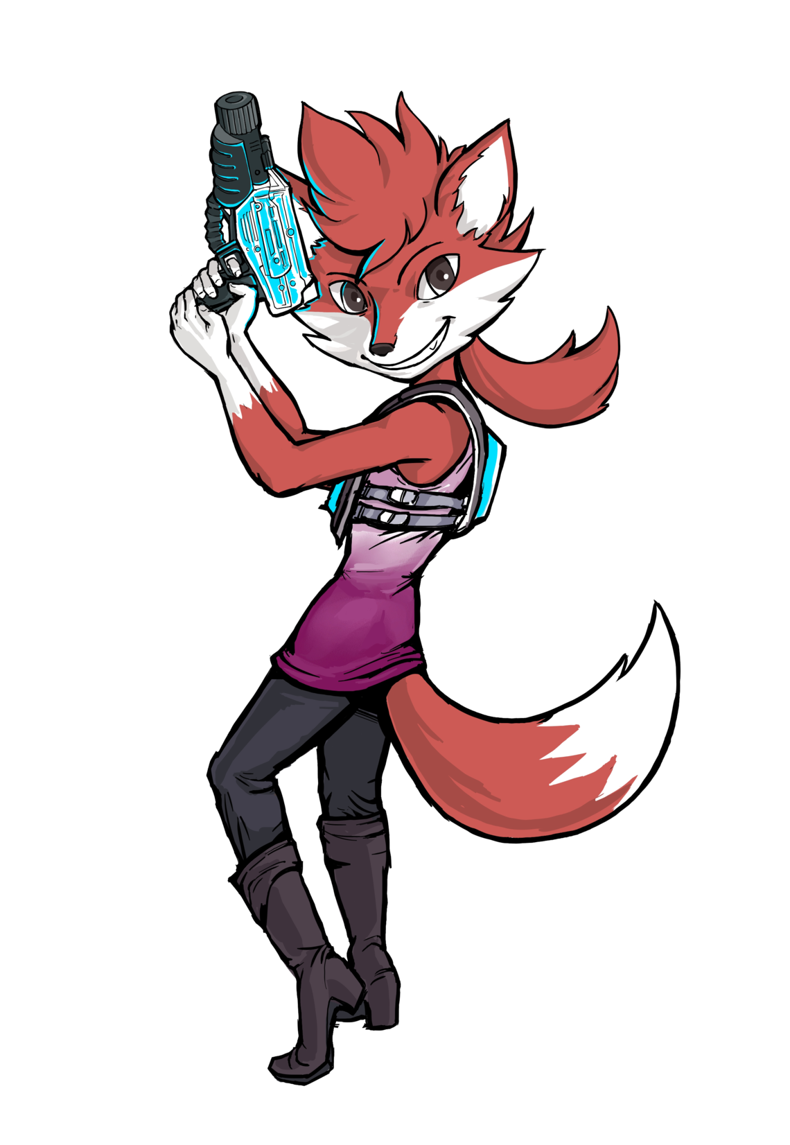 Fuchs Lady mit Lasertagblaster in der Hand